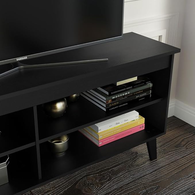 Madesa Compact TV Stand Cabinet with 4 Shelves and Cable Management for 50, 55 Inch TV Media Storage Unit Living Room and Bedroom Modern Wooden Television Media Console - Black
