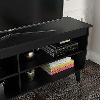 Madesa Compact TV Stand Cabinet with 4 Shelves and Cable Management for 50, 55 Inch TV Media Storage Unit Living Room and Bedroom Modern Wooden Television Media Console - Black