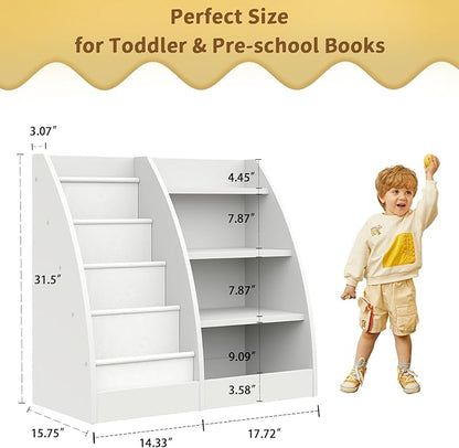 4 Tier Kids Bookshelf, 4 Layer Sling Kids Book Shelf for Kids Rooms,Wood Children Bookcase,Baby Storage Book Rack,Toddler Bookshelf, Book and Toy Organizer,Book Display Shelf for Bedroom, Nursery