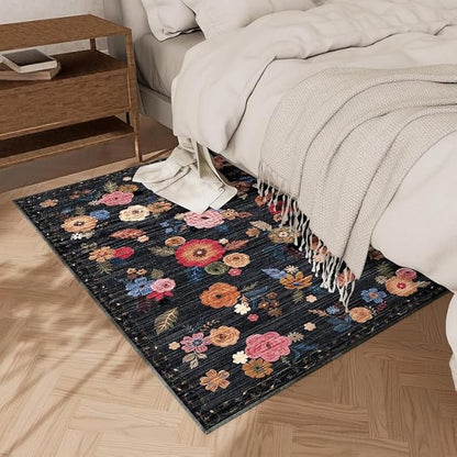 Washable Small Entryway Area Rugs: 2'x3' Floral Rug Non Slip Door Mat Indoor Entrance Stain Resistance Low Pile Throw Rugs for Inside Front Door Floor Bedroom Bedside Kitchen Nursery Kids Room Entry