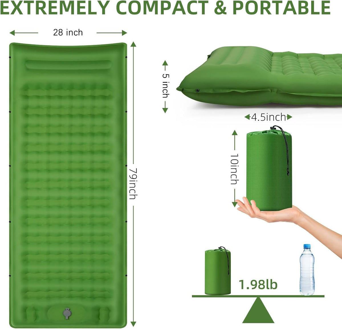 FNARMW Camping Sleeping Pad, Extra Thick 5 Inch Camping Mat with Pillow Built-in Foot Pump Inflatable Sleeping Pads Compact for Camping Backpacking Hiking Traveling Tent（Green）