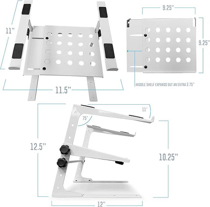 AxcessAbles Two-Tier Adjustable DJ Stand with Clamps | For Controllers and Laptops up to 20lbs.| Controller Stand Compatible with DDJ-REV1, DDJ-FLX4, Party Mix | (LTS-03 White)