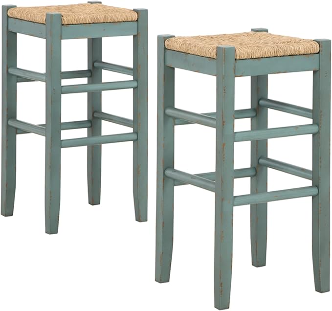 Signature Design by Ashley Mirimyn Farmhouse 29.5" Bar Height Bar Stool with Woven Wicker Seats, 2 Count, Green & Light Brown