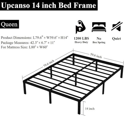 Queen Bed Frame No Box Spring Needed, 14 Inch Heavy Duty Metal Platform Bed Frame Queen Size, 1200lbs Steel Slats Support, Easy Assembly, Black
