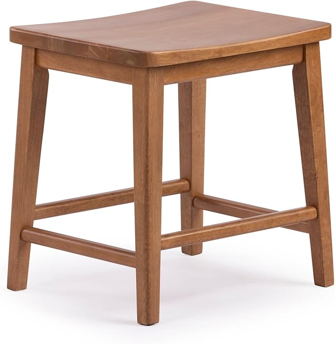 Plank+Beam Smythe Dining Stool, 18",Set of 4, Sturdy Wood Modern Kitchen Stool, Saddle Seat Backless Chair, Metal Footrest, Pecan