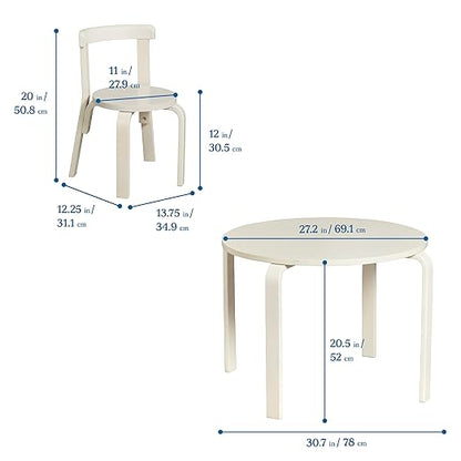ECR4Kids Bentwood Round Table and Curved Back Chair Set, Kids Furniture, White Wash, 5-Piece