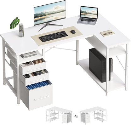 47" Computer Desk with Drawers, Desks for Bedrooms, Writing Desk with Storage, Work Desk for Small Space, White