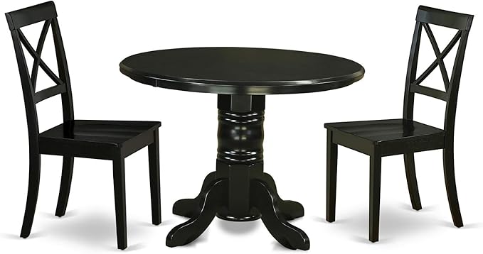 East West Furniture SHBO3-BLK-W 3 Piece Dining Room Furniture Set Contains a Round Kitchen Table with Pedestal and 2 Dining Chairs, 42x42 Inch, Black