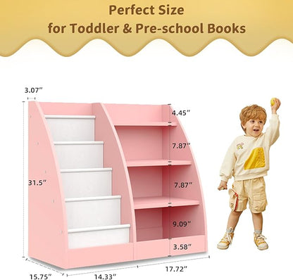 4 Tier Kids Bookshelf,4 Layer Sling Kids Book Shelf for Kids Rooms,Wood Children Bookcase,Baby Storage Book Rack,Toddler Bookshelf, Book and Toy Organizer,Book Display Shelf for Bedroom, Nursery