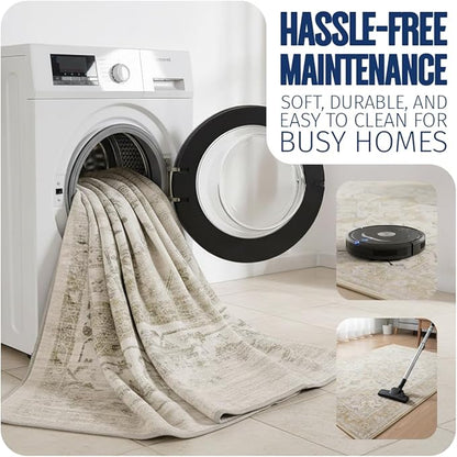 Muddy Mat짰 Champagne 3ft x 7ft Washable Area Rugs for Living Room, Bedroom & Dining Room ??Modern Soft Low Pile Non Slip Carpet ??Pet Friendly Waterproof Foldable Rugs for Home
