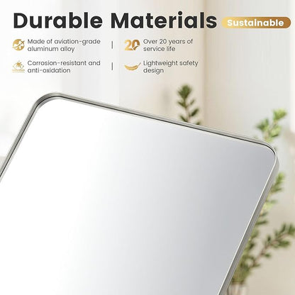 22X32 Inch Brushed Nickel Bathroom Mirror for Wall, Brushed Silver Metal Framed Mirror, Rounded Rectangle Silver Bathroom Mirrors, Tempered Glass, Anti-Rust, Hangs Horizontally or Vertically