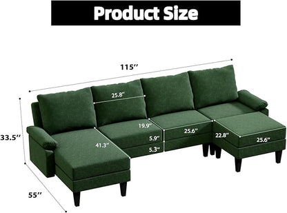 110 Inch U Shaped Sectional Couch with Storage Space, 6-Seat Sofa with Moveable Ottoman, Modern Modular Sofa for Living Room, Apartment, Green