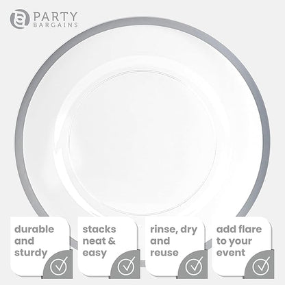 PARTY BARGAINS 13-Inch Charger Plates - 4 Pack, Clear Silver Rim, Heavy-Duty Disposable Chargers for Elegant Dining - Ideal for Weddings and Formal Events