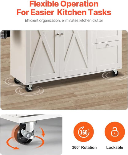 VEVOR Kitchen Island Cart, 45.3x39 inch Rolling Kitchen Table, Mobile Carts with Storage Cabinet and Solid Wood Top, Portable Islands with Wheels, Spice Rack, Towel Rack, Drop Leaf and Drawer, White