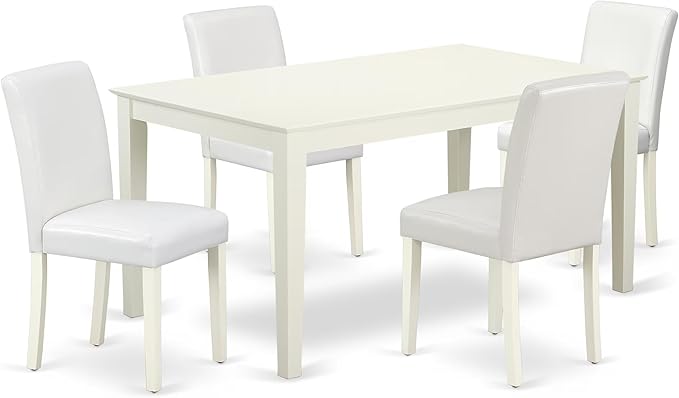 East West Furniture CAAB5-LWH-64 5 Piece Dining Room Furniture Set Includes a Rectangle Dining Table and 4 White Faux Leather Upholstered Parson Chairs, 36x60 Inch, Linen White