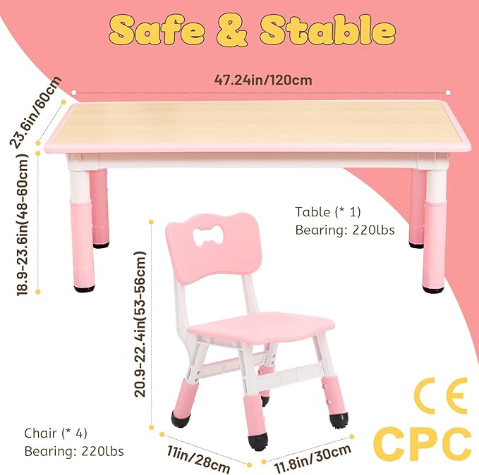 FUNLIO Kids Table and 4 Chairs Set for Ages 3-8, Height Adjustable Toddler Table and Chair Set, Easy to Wipe Arts & Crafts Table, for Classrooms/Daycares/Homes, CPC & CE Approved (5 pcs Set) - Pink