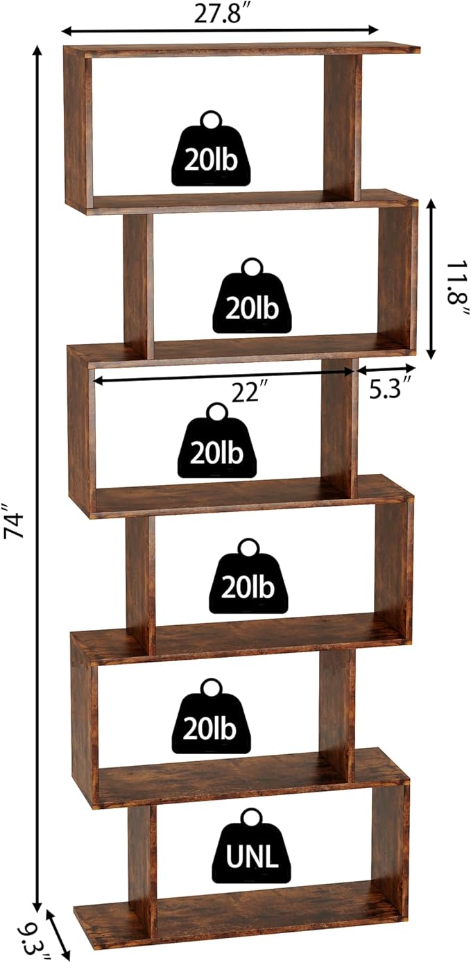 Yusong Geometric Bookcase, Bookshelf 6-Tier S Shaped Book Shelves for Bedroom, Modern Wood Decorative Display Shelf Tall Book Case for Home Office, Rustic Brown