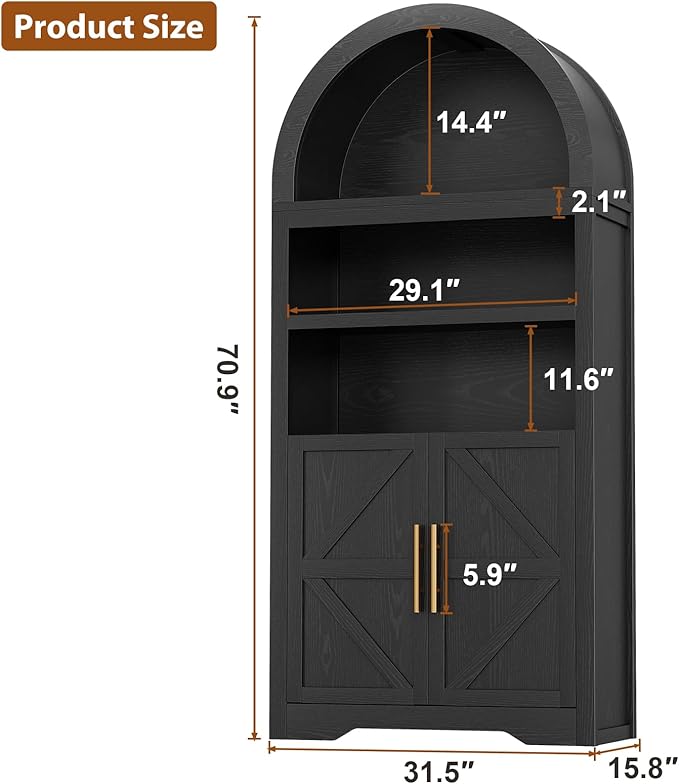 Arched Bookshelf Bookcase China Pantry Storage Cabinet with Doors and Shelves,Kitchen Pantry Cabinet,71“ Tall Food Pantry Furniture for Living Room, Dining Room (Black)