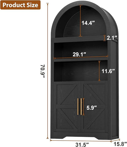 Arched Bookshelf Bookcase China Pantry Storage Cabinet with Doors and Shelves,Kitchen Pantry Cabinet,71“ Tall Food Pantry Furniture for Living Room, Dining Room (Black)