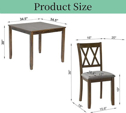 Dining Table Set, Wooden Kitchen Table Set with Square Table, 4 Vertical X Backrest Upholstered Chairs, Table and Chairs with Non-Slip Feetmats for 4 People, Living Room and Kitchen, Walnut