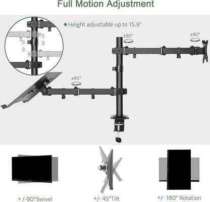 Monitor and Laptop Mount, Monitor Arm with Vented Tray for 13" to 27" LCD Computer Screens and Notebook up to 17 inch, Fully Adjustable Laptop Mount Stand Holds up to 17.6lbs