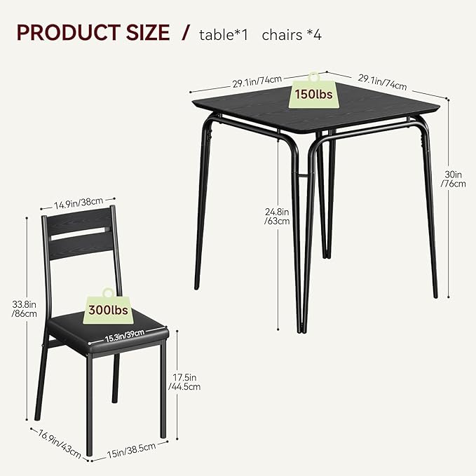Dining Table Set for 2, Space-Saving Square 3-Piece Dinette with 2 Chairs, Modern Kitchen Furniture for Small Spaces & Apartments