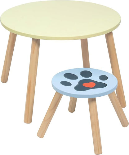 Kids Wooden Animal Table & Chair Set w 4 Seats- Puppy Kitten Bunny Plus Adult Stool for Arts Crafts Activity, Dining, Pretend Play- Durable Playroom Furniture for Home, Daycare Classroom- Toddler Gift
