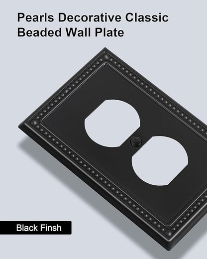 2-Pack Duplex Outlet Cover, Black Metal Wall Plates for Electrical Outlets, 1 Gang Receptacle Light Switch Cover, Pearls Beaded Decorative Switch Plates and Outlet Covers