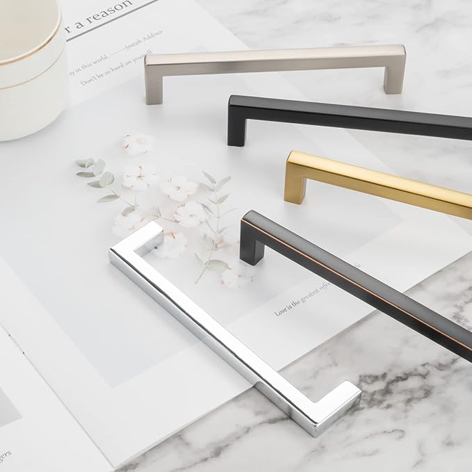 KOOFIZO Solid Square Bar Cabinet Handle - Brushed Gold Furniture Pull, 7.6 Inch/192mm Screwhole Distance, Pack of 5 for Kitchen Cupboard Door, Bedroom Dresser Drawer, Bathroom Wardrobe Hardware