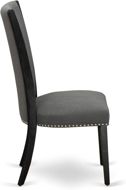 X07VE-B06-50 - 9-Pc Dining Room Table Set a Rectangular Dining Table and wooden Benches and 7 Dark Gotham Grey Linen Fabric Dining Chair, 39x120 Inch, Wire Brushed Black