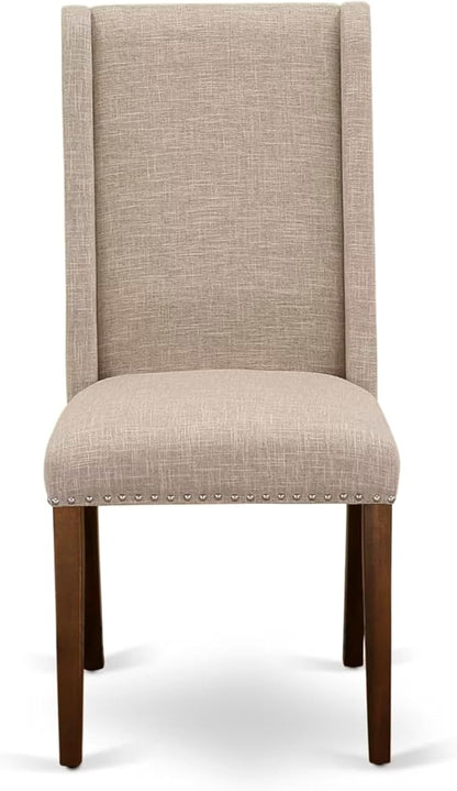 NEFL7-AWA-04-7-Piece Dining Table Set Includes a Rectangular Table and 6 Light Tan Linen Fabric Kitchen Chairs with Padded Chair Back - Antique Walnut Finish.