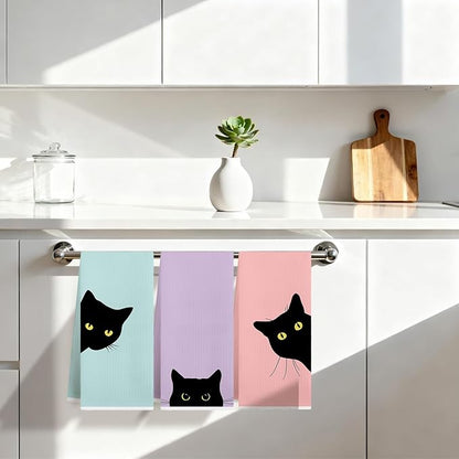 Preppy Black Cat Kitchen Dish Towels, Black Cat Gifts for Women, Dopamine Cute Kitty Kitten Decorative Hand Tea Towels for Bathroom Kitchen, 16x24 Inches Set of 3