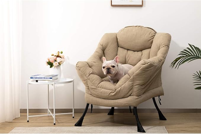 HollyHOME Fabric Lazy Chair with Foldable Ottoman, Accent Comfy Lounge Arm Chair and Folding Footrest Stool Set, Leisure Sofa Reading Chair and Footstool for Living Room, Bedroom, Dorm, Coffee&White