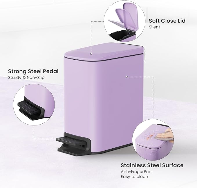 Cesun Small Bathroom Trash Can with Lid Soft Close, Step Pedal, 6 Liter / 1.6 Gallon Stainless Steel Garbage Can with Removable Inner Bucket, Anti-Fingerprint Finish (Purple)