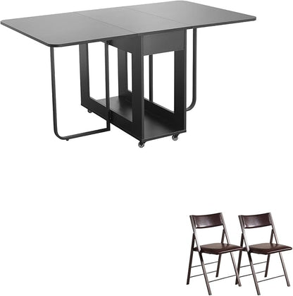 Folding table and chair set, dining table with extra large storage space and 4 universal wheels, matched with padded steel frame folding chairs, space-saving dining table and 2 chairs (Brown)
