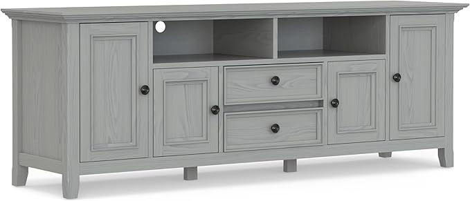 SIMPLIHOME Amherst 72-inch Wide Solid Wood TV Stand in Fog Grey, Transitional-Style Media Console for Living Room with Cable Management and Adjustable Shelves, Fits 80" TVs