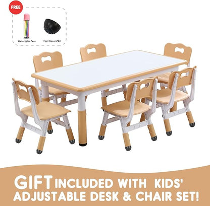 Kids Table and Chair Set Height-Adjustable Toddler & 6-Chair Set with Graffiti-Proof Desktop, Non-Slip Legs – Arts/Crafts Activity Table for Daycare Classrooms Ages 2-12