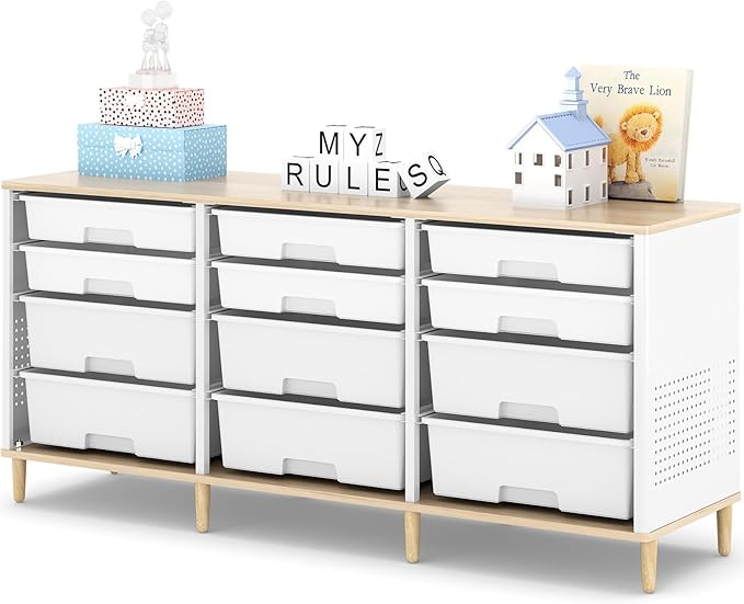 12-Drawer Storage Cabinet with Wooden Tabletop, Versatile Cube Storage Organizer Bin Storage for Home, Office, Playroom, Classroom & Craft Room Storage (White)