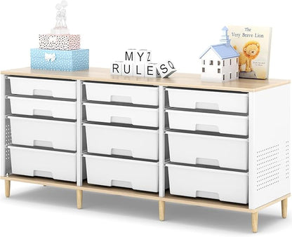 12-Drawer Storage Cabinet with Wooden Tabletop, Versatile Cube Storage Organizer Bin Storage for Home, Office, Playroom, Classroom & Craft Room Storage (White)