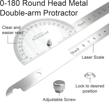Protractor and Compass Set - 10cm (3.94 Inch) Stainless Steel Angle Finder with 2 Metal Compasses, 180° Adjustable Two Arm Ruler for Geometry, Woodworking, Engineering & School Supplies