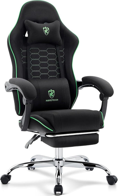 Gaming Chair Breathable Fabric,Computer Office Chair with Footrest,Massage Lumbar Support and Gel Pad,Ergonomic Reclining Adjustable Gamer Chair with Headrest and Spring Cushion Black Green