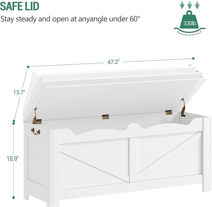 47.2" Storage Chest, Extra Large Storage Trunk with 2 Safety Hinges, Wooden Box Bench, Lift-Top Organizer Chest, Shoe Bench for Entryway, Bedroom, Living Room, White SB14503X
