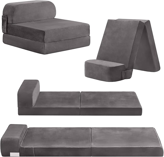 Tiita Folding Sofa Bed for Kids, Toddler Fold Out Couch Bed with Removable Cover, Kids Futon Sleeper Chair Folding Bed Mattress for Kids Room, Living Room, Guest Room,Gray