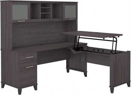 Bush Furniture Somerset 3 Position Sit to Stand L Shaped Desk with Hutch in Storm Gray | Ergonomic Height Adjustable Standing Computer/Laptop Table for Home Office