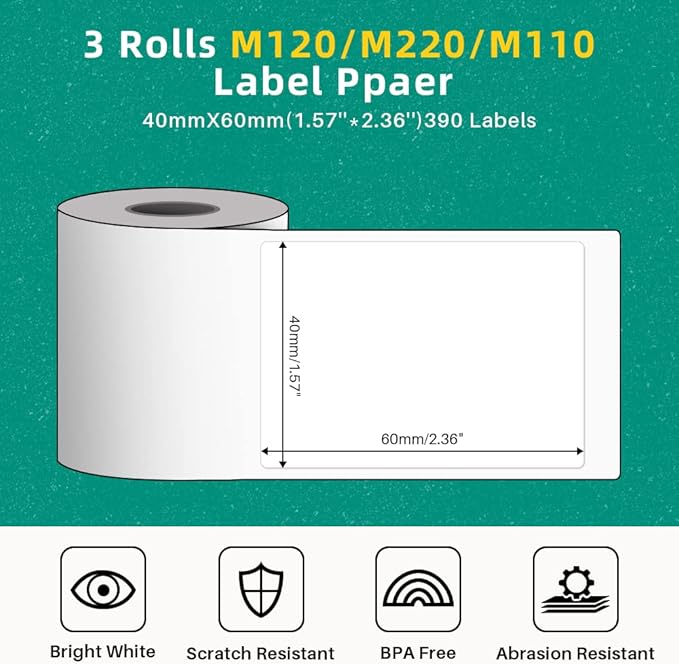 Phomemo 3 Rolls M110/M220/M110/M108/M250/M120/M150/M260/M221/M200 Thermal Label Paper 1.57'' x 2.36'' (40x60mm), Square Self-Adhesive Barcode&Address Label,130 Pcs/Roll, Black on White