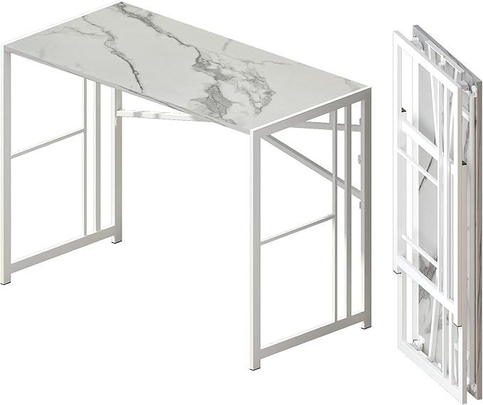 Folding Computer Desk 40 inch Writing Gaming Computer Camping Desk, No Assembly Required Home Office Table, White Marble