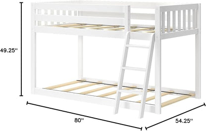 Max & Lily Fundamental Twin Low Bunk Bed, Kids Solid Wood Modern Bed Frame with Strong Wooden Slats, Non-Toxic Finishes, High Weight Capacity, White
