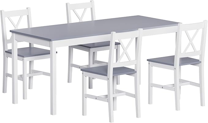 soges 5 Pieces Dining Table Set with 4 Chairs, 47.2 inch Kitchen Pine Wood Table for 4, Rectangular Dining Table Furniture Set for Kitchen, Dining Room, Dinette, White & Grey