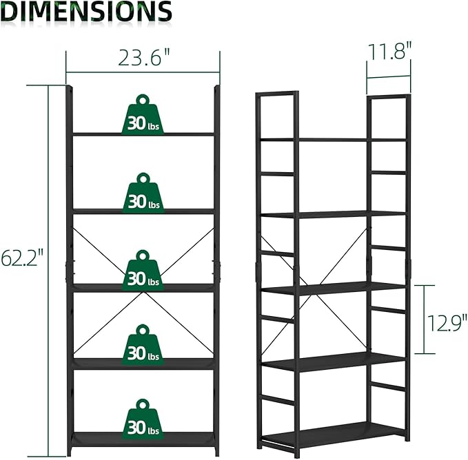 OTK 5 Tier Bookshelf, Tall Bookcase, Office Shelf Storage Organizer, Modern Book Shelf for Living Room, Bedroom, and Home Office, Black