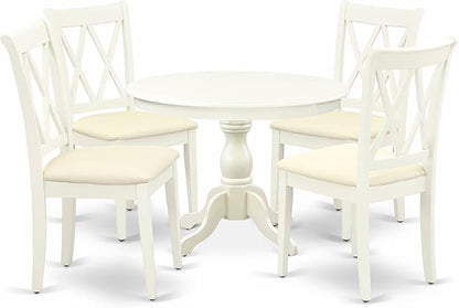 East West Furniture HBCL5-LWH-C 5 Piece Dining Table Set for 4 Includes a Round Kitchen Table with Pedestal and 4 Linen Fabric Dining Room Chairs, 42x42 Inch, Linen White